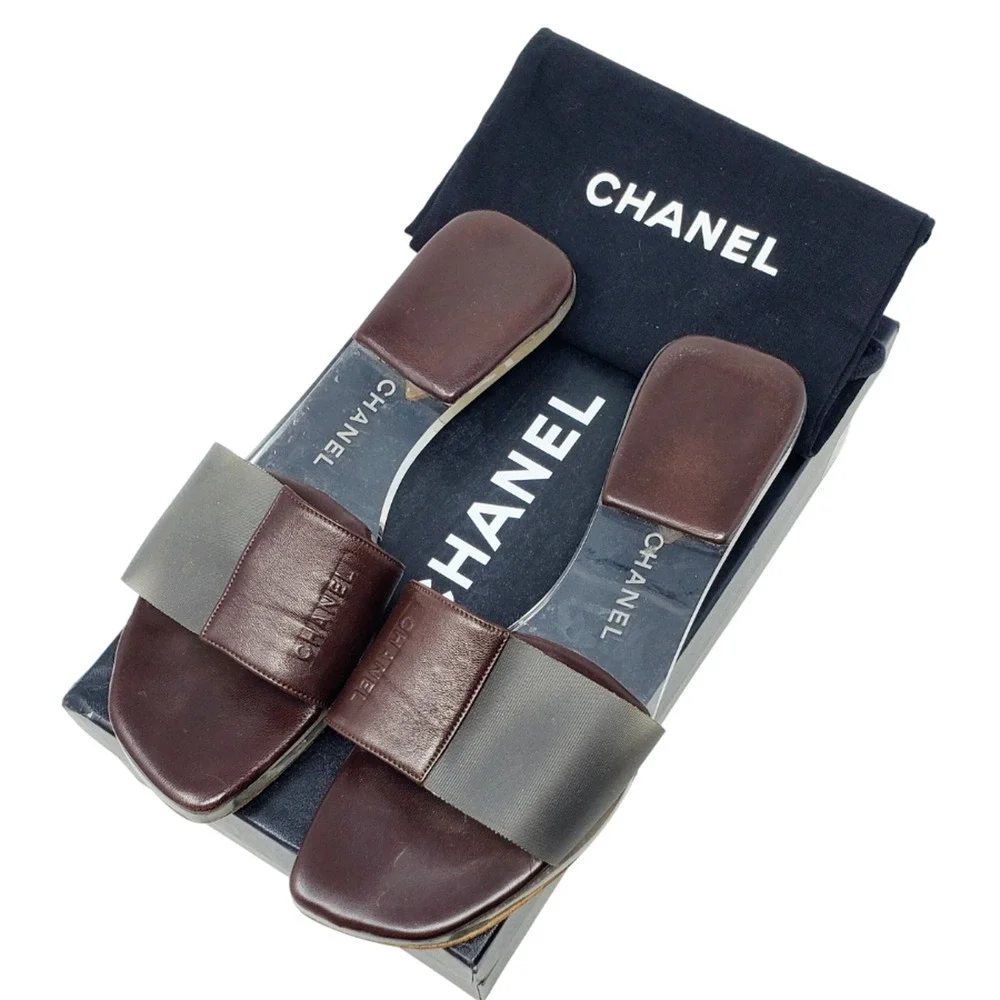 Chanel Sandals Brown Leather Flat Slides LOGO Clear Block PVC Mules EU 36.5
